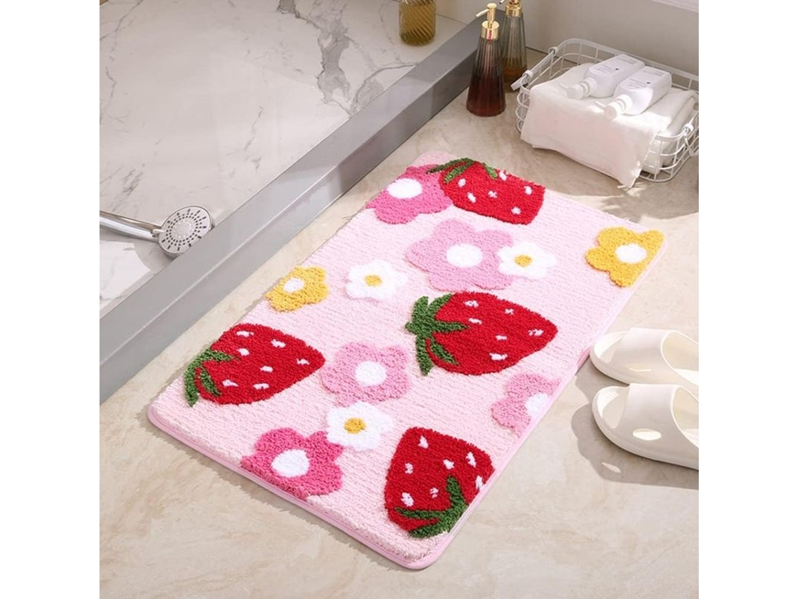 Tapete de Banheiro Morango Macio e Fofo, Lavável 20x31 Polegadas Rosa