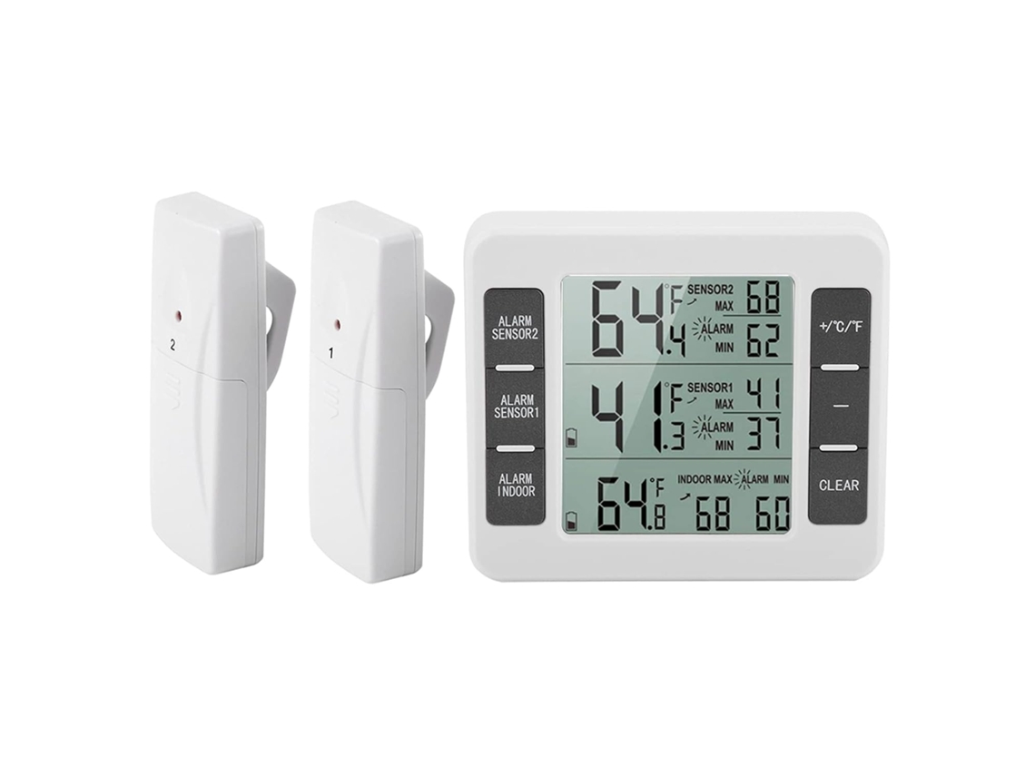 Lurelia Monitor De Temperatura Sem Fios Para Frigorífico E Congelador, Visor Lcd, 2 Sensores, Alarme Sonoro, Memória Máx./mín., Suporte Prático