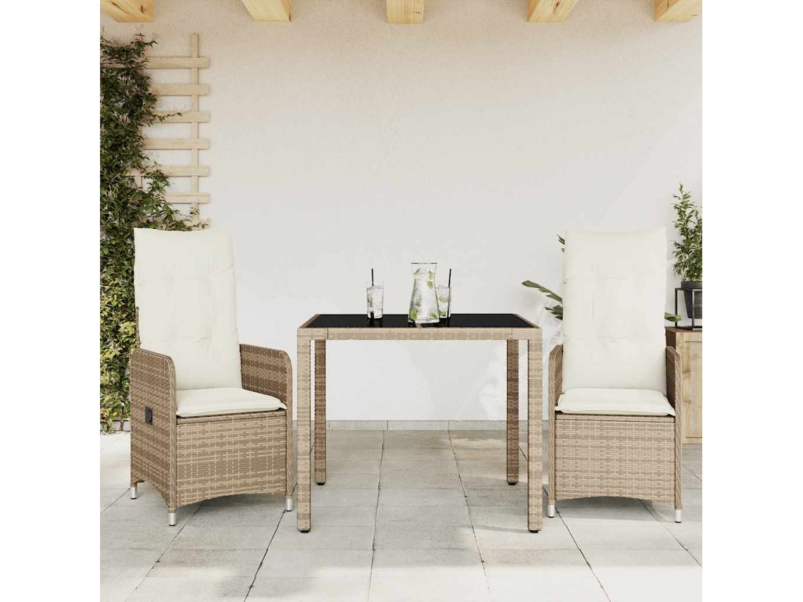 Vidaxl 3 Pcs Conjunto De Bistrô Para Jardim C/ Almofadões Vime Pe Bege