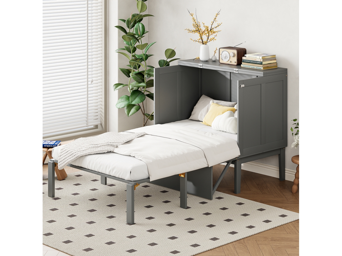 Cama Murphy Cinza 90x200cm, Dobrável Parede, Ripas.-op
