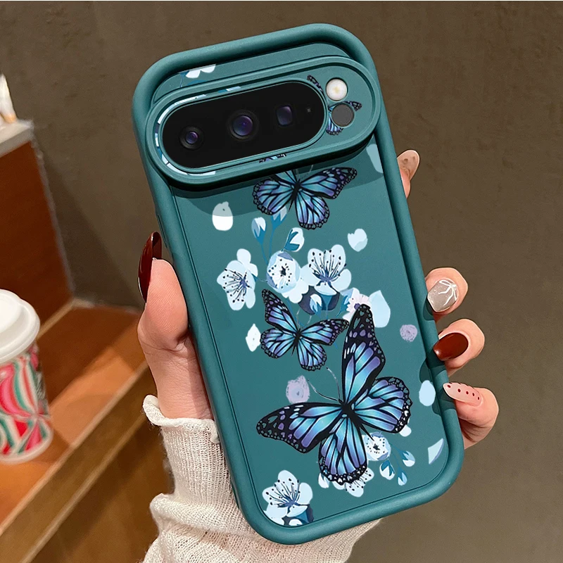 Capa Para Celular Google Pixel 7 Pro Com Estampa De Borboletas E Flores (azul), Em Tpu Macio E Resistente A Impactos.