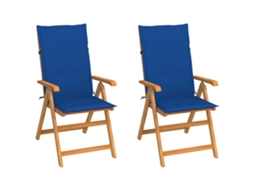 Vidaxl Conjunto De 2 Cadeiras Dobráveis Com Almofadas Azul-royal Em Madeira Maciça De Teca.