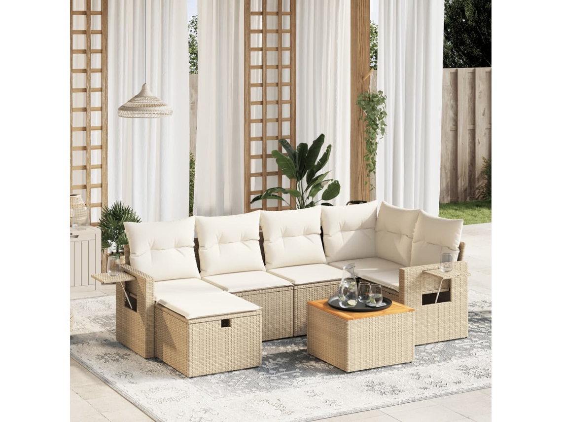 Vidaxl 7 Pcs Conjunto De Sofás P/ Jardim Com Almofadões Vime Pe Bege