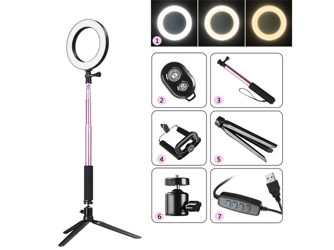 2026 luz Anular Led 64 Leds 5w Dc5v Regulável com Tripé Telescópico, Suporte para Celular e Controle Remoto Bt Usb