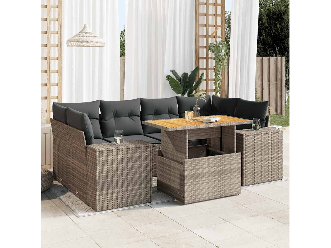 Vidaxl 7 Pcs Conjunto Sofás P/ Jardim C/ Almofadões Vime Pe Cinzento