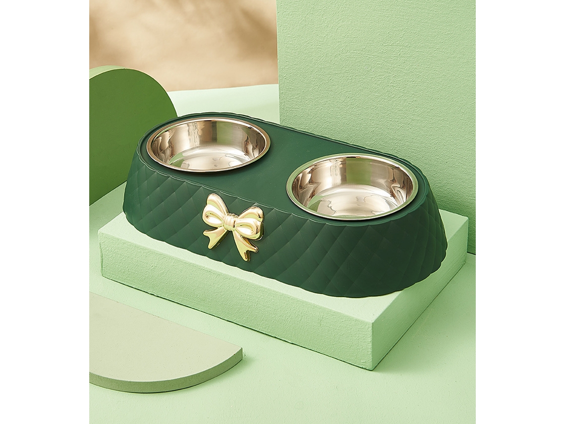 Tigela Dupla para Animais de Estimação com Laço, de Aço Inoxidável Antiderrapante, Elegante para Cães e Gatos AQUAFORGE