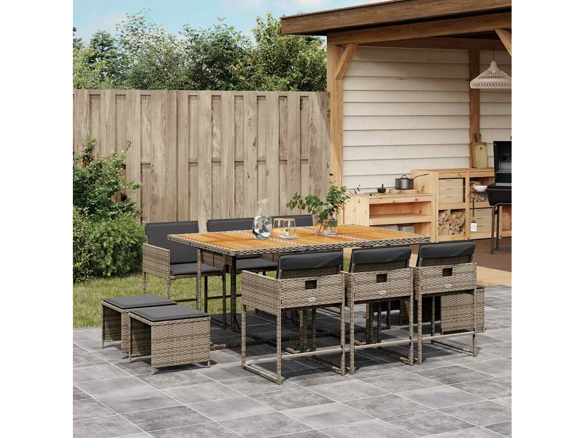 Vidaxl 11 Pcs Conjunto Jantar P/ Jardim C/ Almofadões Vime Pe Cinzento