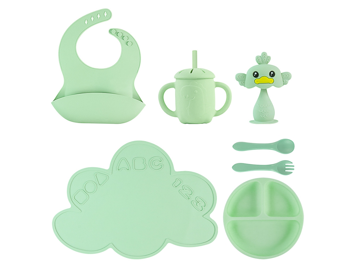 Conjunto de Alimentação para Bebê em Silicone, Sem Bpa, Incluindo Tapete, Prato Dividido, Copo , Babador, Etc. Verde PANOONA