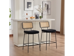 Banco Bar Alto Brilho, 2 Cadeiras/pacote, Assento Chenille, Sem Braços, Encosto Rattan, Pernas Metálicas Pretas.