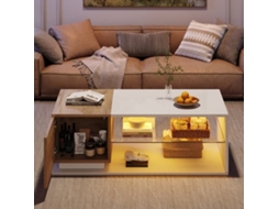Mesa De Café Led 105x50x36cm - Mesa De Sala Com Iluminação Led, Mesa Com Arrumação - Branco + Natural