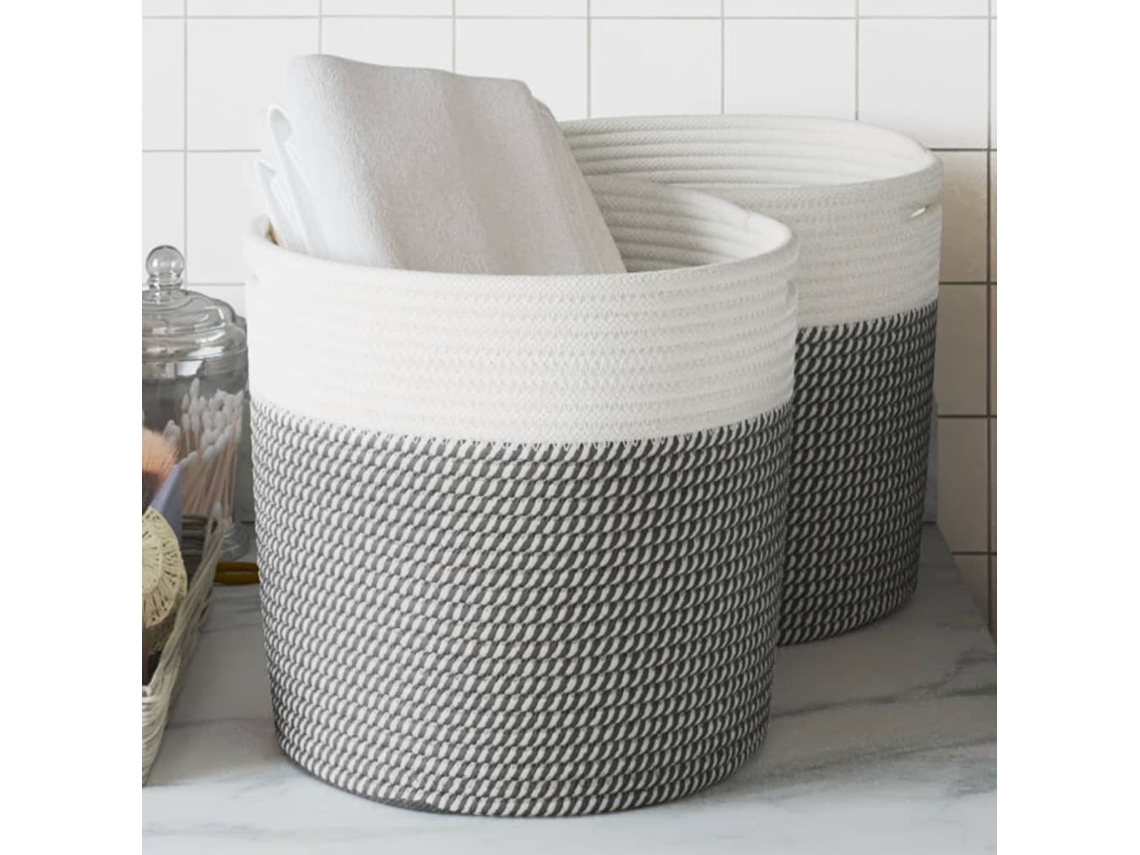 Vidaxl Cestos De Arrumação 2 Pcs Ø28x28 Cm Algodão Cinzento E Branco