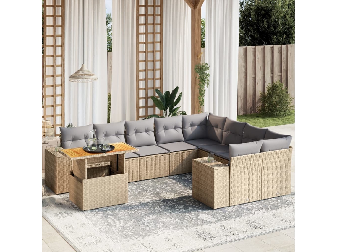 Vidaxl 10 Pcs Conjunto De Sofás P/ Jardim Com Almofadões Vime Pe Bege