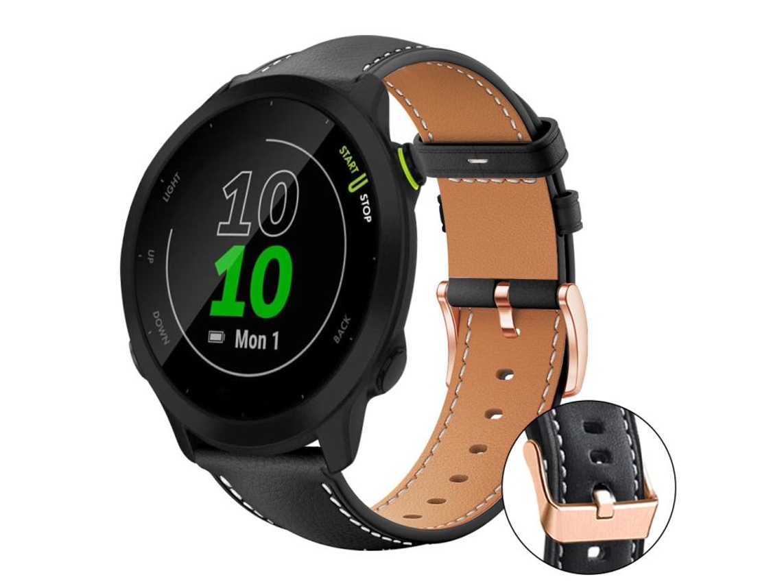 Bracelete Para Garmin Forerunner 45 / 45s / Swim 2 - Couro Vegano Preto - Estampa De Tubarão - Fivela Dourada Rosa Preta
