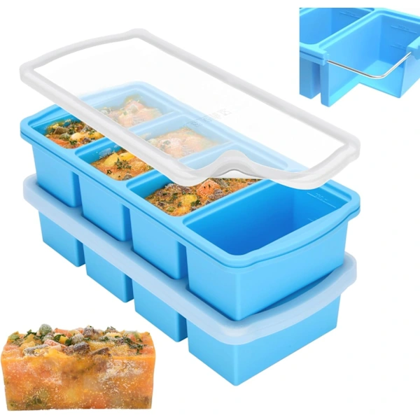/nn/ Conjunto De 2 Formas De Silicone Para Congelador Com Tampa, Recipiente Para Congelar Sopa, Forma Grande Para Cubos De Gelo(azul)