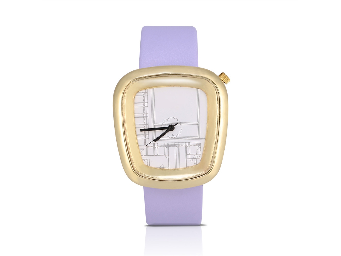 Relógio Analógico de Quartzo Pulseira de Couro Pu Mostrador Quadrado Irregular Roxo