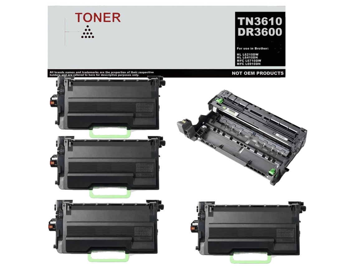 Pacote com 4 toners pretos e 1 tambor Tn3610/Dr3600 compatível com Brother Tn3610/Dr3600