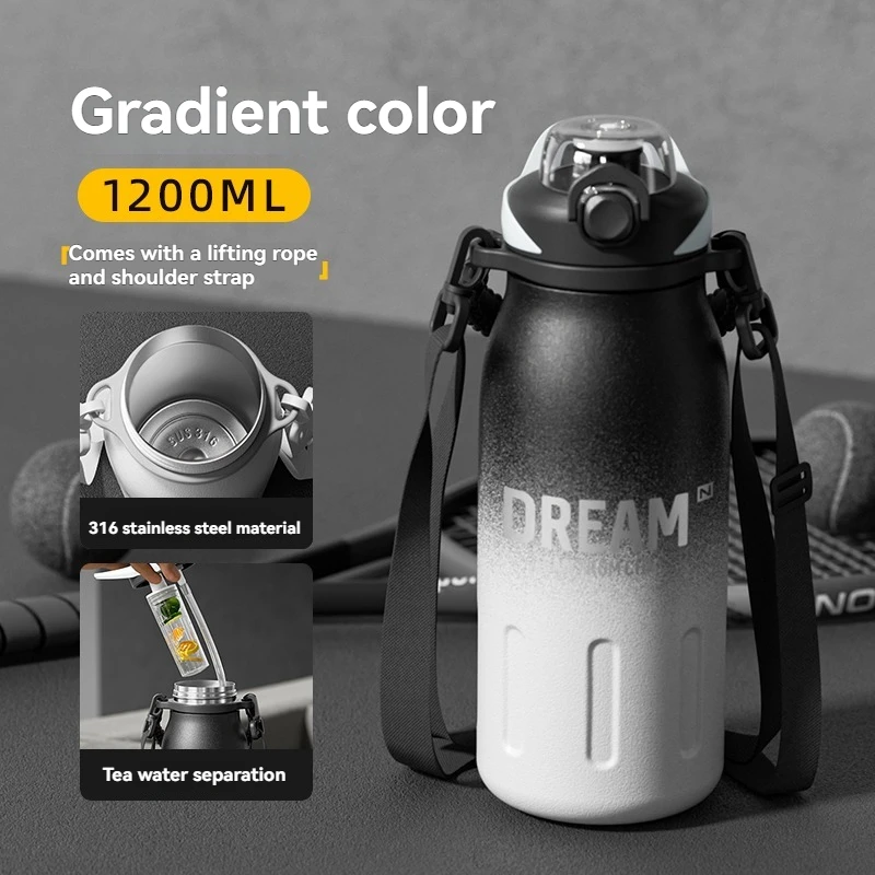 (preto Degradê, 1200ml) Caneca Térmica Portátil Em Aço Inoxidável 316, Com Canudo.