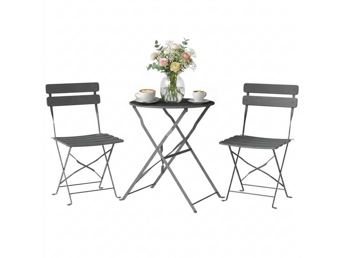 Conjunto de Jardim 3 peças, mesa e 2 cadeiras dobráveis, proteção antiferrugem, metal cinza