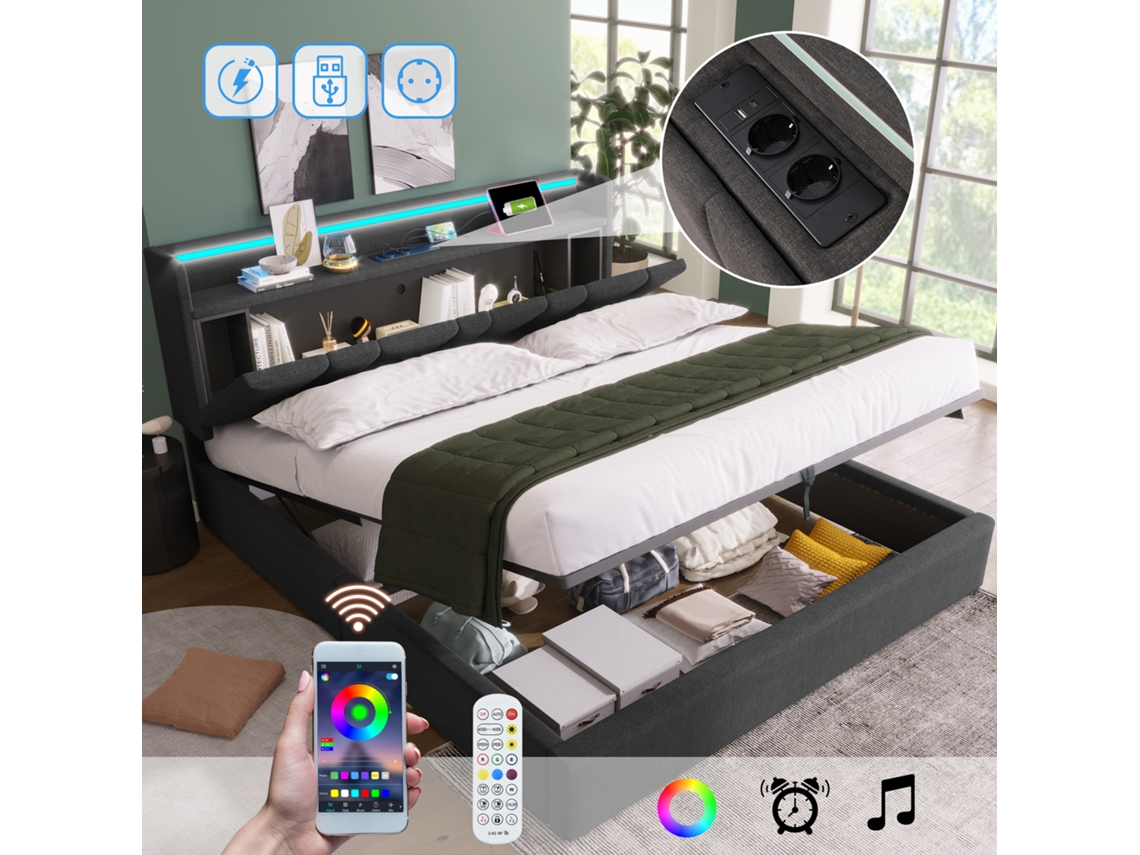 Cama Casal 140x200cm Com Usb, Armário Cabeceira E Led Sem Colchão