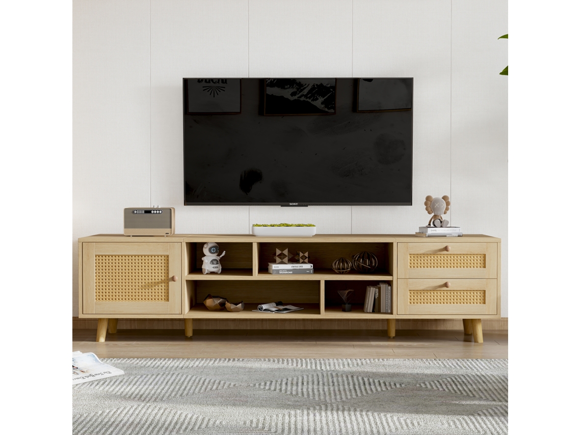 Móvel Para Tv 160 Cm Em Rattan Cor De Madeira Gestão De Cabos, 2 Gavetas, 1 Porta Para Televisores Até 70 Polegadas Estilo