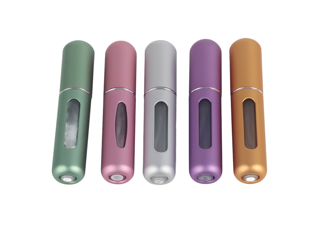 Conjunto de 5 frascos atomizadores portáteis recarregáveis de alumínio, 5ml, para remover manequins e perfumes da moda.