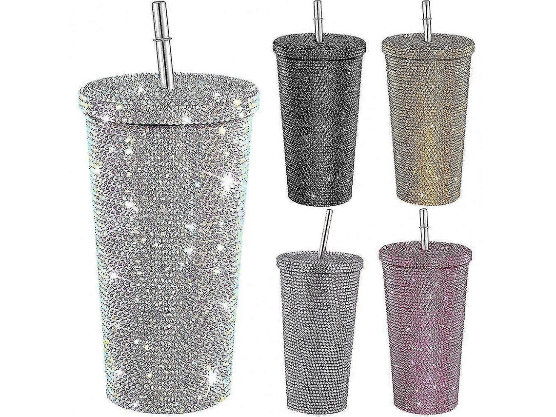 Caneca térmica reutilizável de aço inoxidável 500ml com tampa e canudo, estampa de diamantes, presente para mulheres 2023, azul celeste