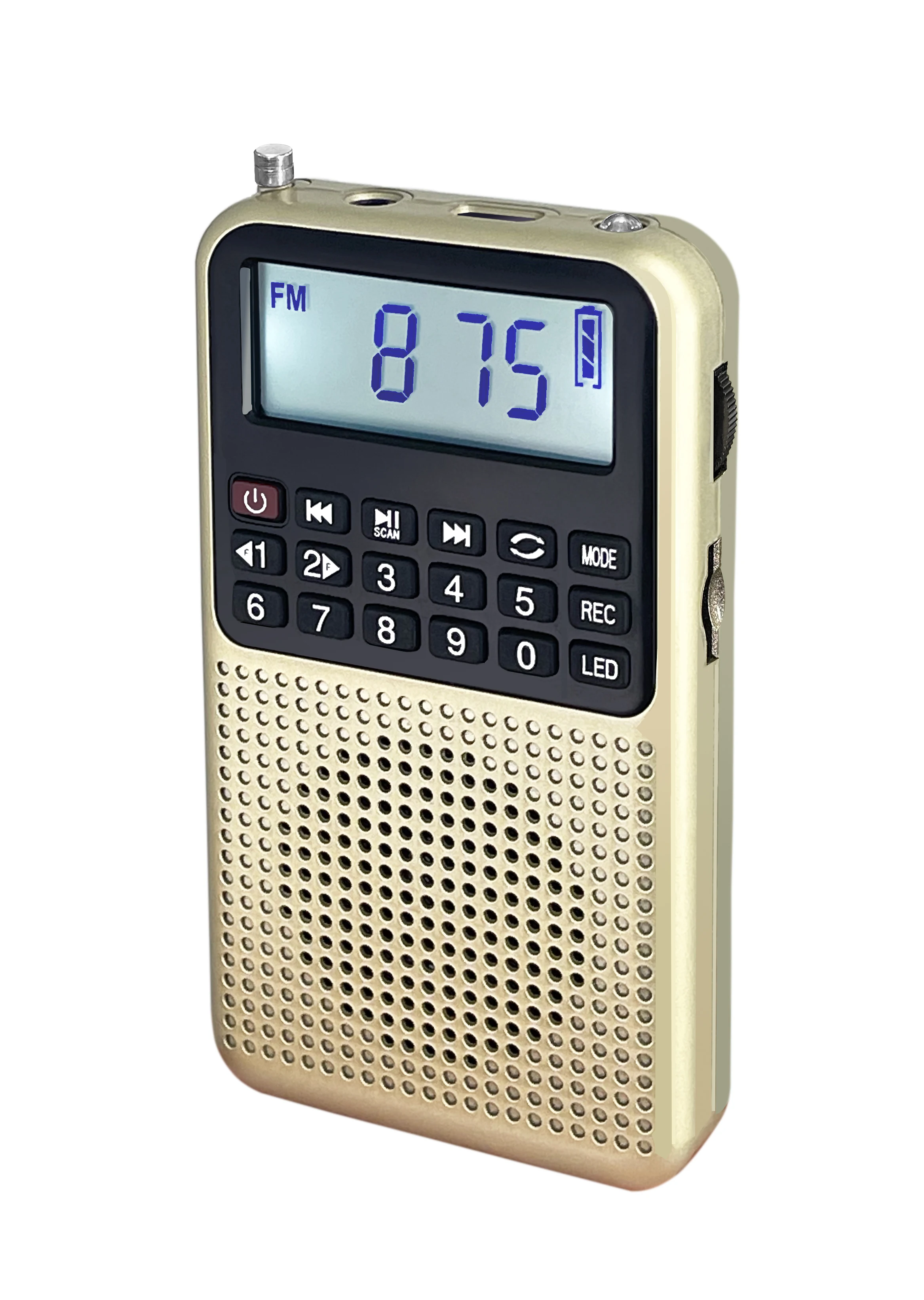 Rádio FM Bluetooth (dourado), multifuncional, com bateria recarregável.
