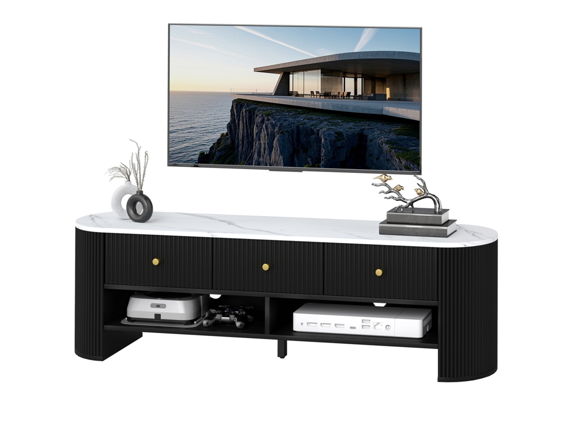 Suporte Tv 140cm Até 65 Polegadas, Efeito Mármore Com 3 Gavetas E Prateleiras, Preto