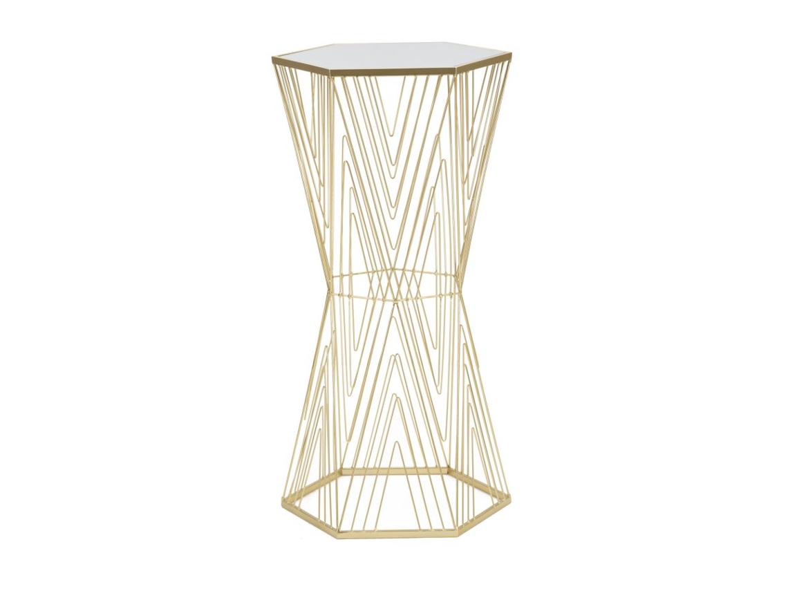 Mesa De Telefone Hexagonal Lines 6 Glam Em Metal Dourado Com Tampo De Vidro Espelhado - Estilo Geométrico Moderno - Glam 1427790000