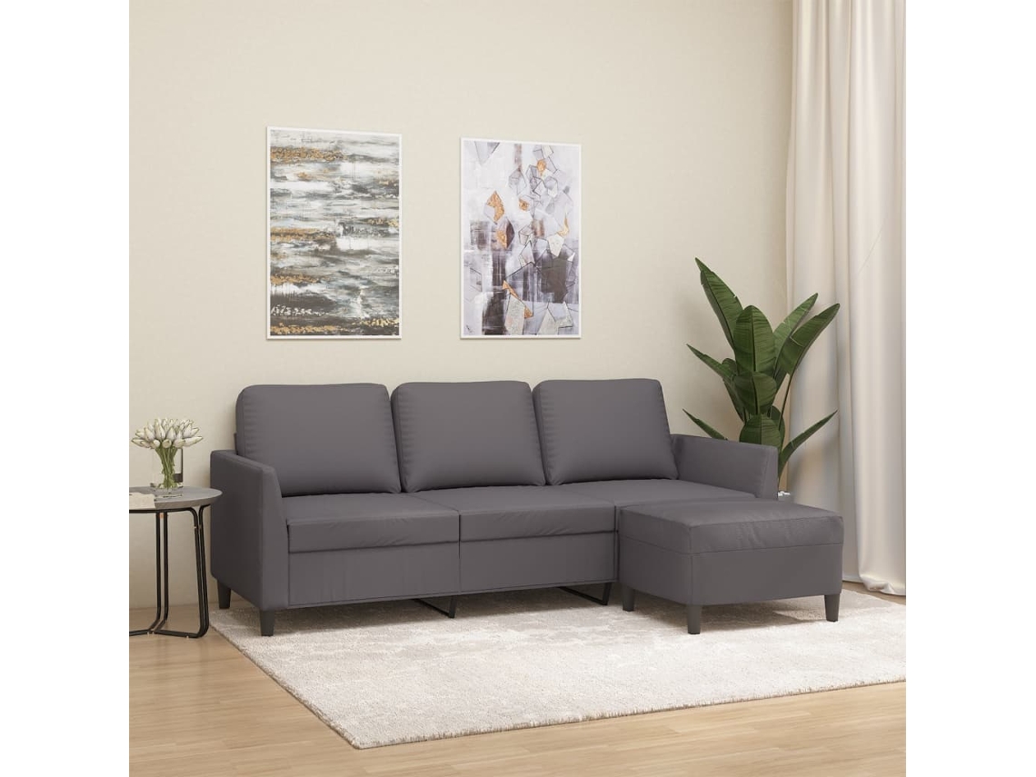 Sofá de 3 Lugares HARLANV1 com couro artificial cinza 180 cm com apoio de pés