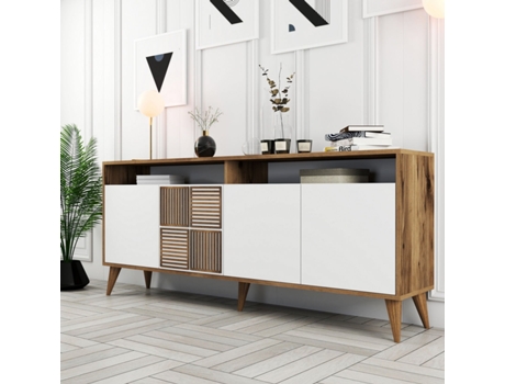 Aparador Tribal De 4 Portas Nogueira E Branco 180x35x78.6 Cm Design Moderno Leve Me Contigo