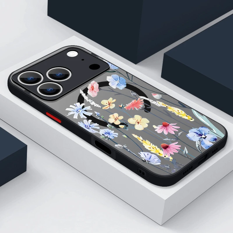 Capa Magnética Para Iphone 13 Pro Com Estampa Floral (preta), Resistente A Impactos.