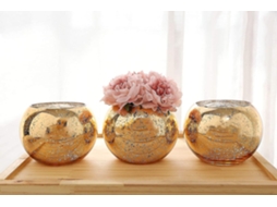 Conjunto Omni de 3 vasos redondos de cristal dourado com glitter para decoração de mesas, casamentos e festas.