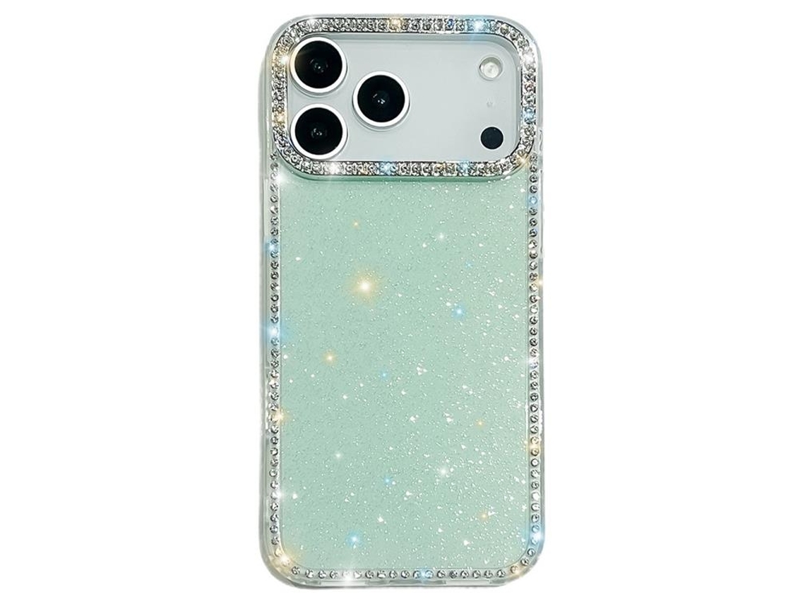 Capa Para Iphone 17 Pro Max Com Borda De Strass - Verde Claro Com Glitter