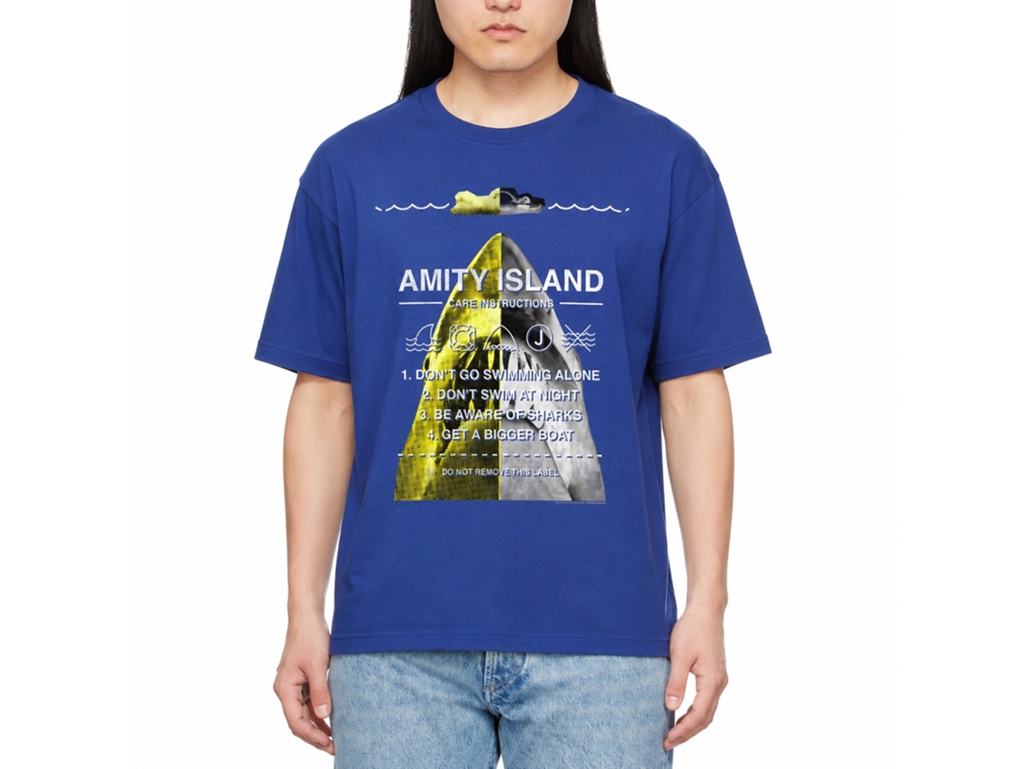 Rockinstone Jaws Movie Instruction Collage Solid Royal Adult T-shirt Size:xl