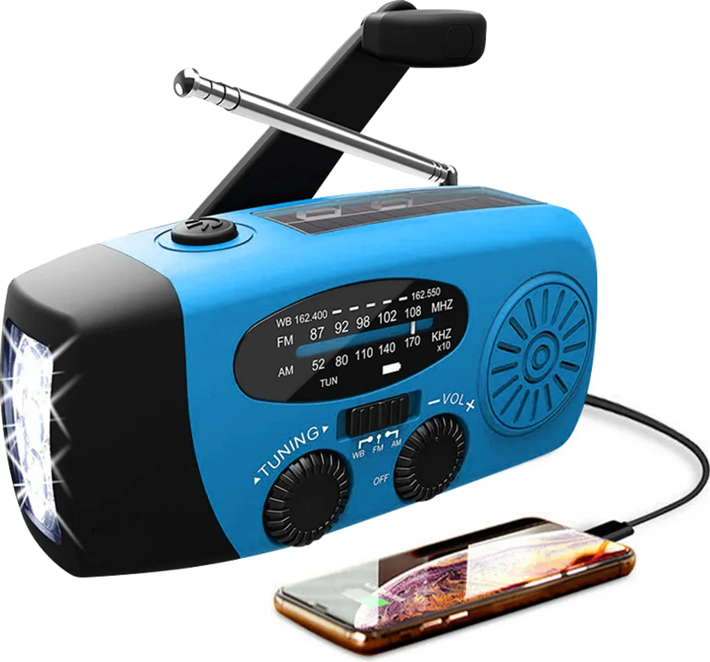 RÁDIO DE EMERGÊNCIA AQUAFORGE com manivela, lanterna LED, portátil, previsão do tempo, bateria de 2000mah