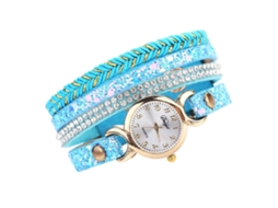 Relógio de Pulso Feminino Fashion com Pulseira de Couro Pu e Strass Azul Céu