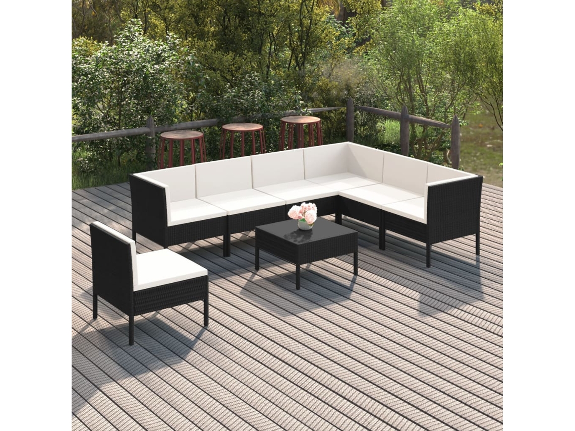 Vidaxl 8 Pcs Conjunto Lounge De Jardim C/ Almofadões Vime Pe Preto