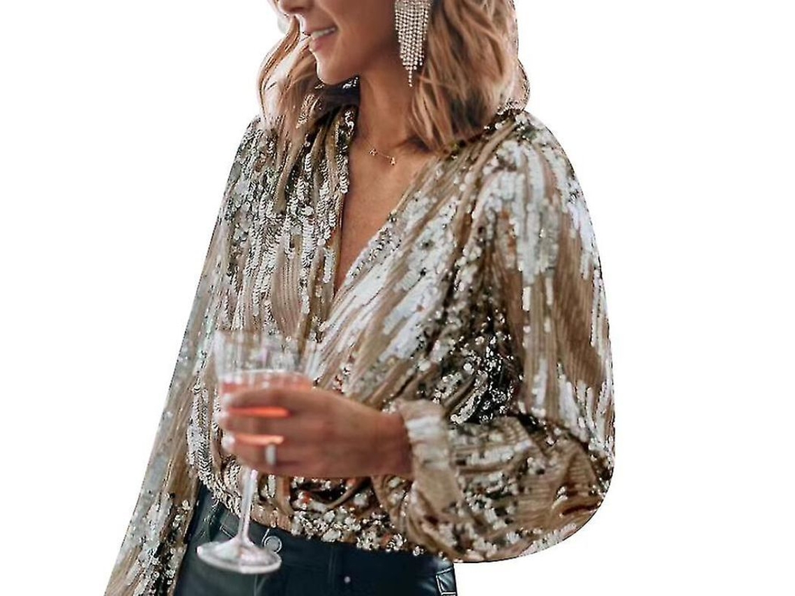 Camisa De Mulher Com Strass Gola V Manga Longa Para Festa Brilhar Ouro Xxl