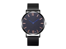 Relógio masculino Zhoulianfa em aço com pulseira de malha, mostrador preto, ponteiros azuis e movimento de quartzo.