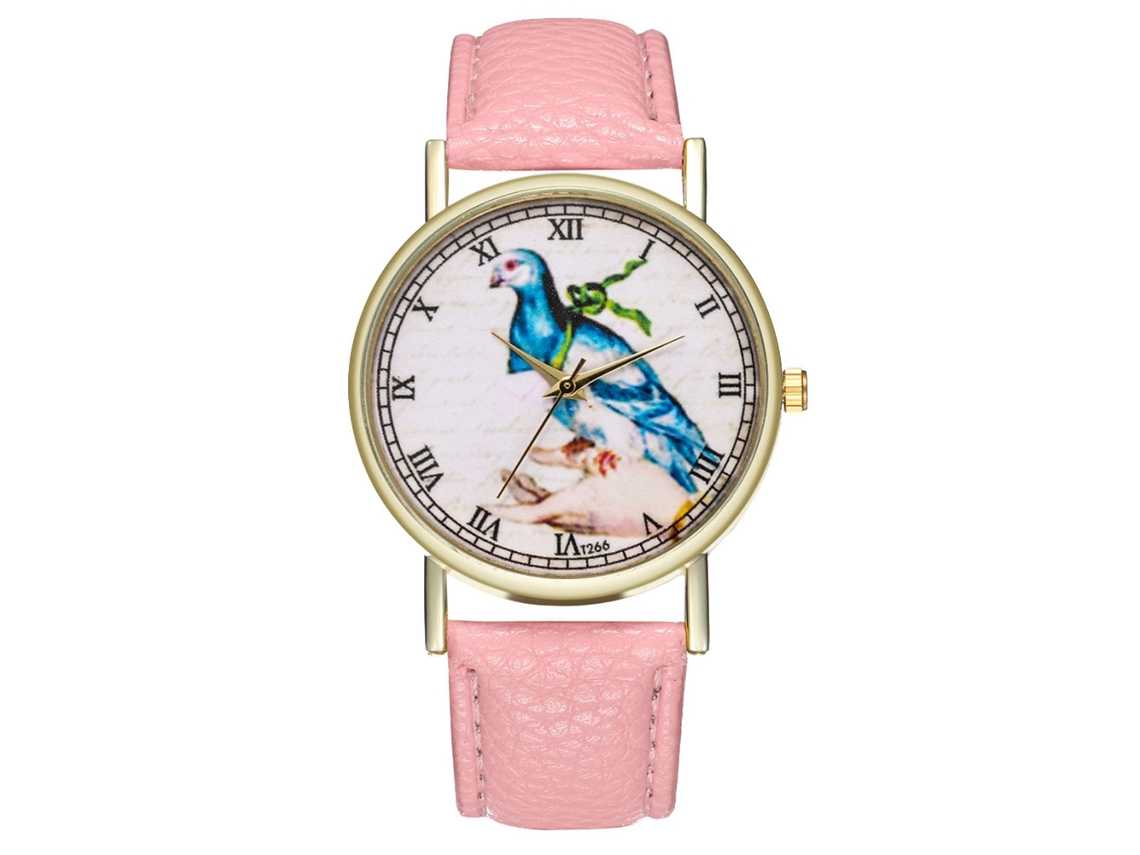 Relógio de Quartzo com Pulseira de Couro e Padrão Clássico de Pássaro para Senhora (rosa)