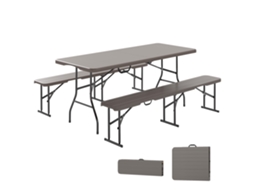 Conjunto Dobrável de Mesa e Bancos para Camping, Imitação de Madeira, para Uso Externo, 180x74x74 Cm e 182x28x42 Marrom