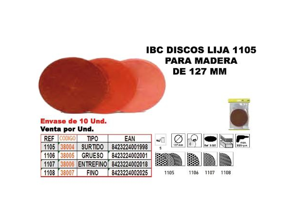 Ibc 1-107   5 discos lija 127mm madera entrefinos