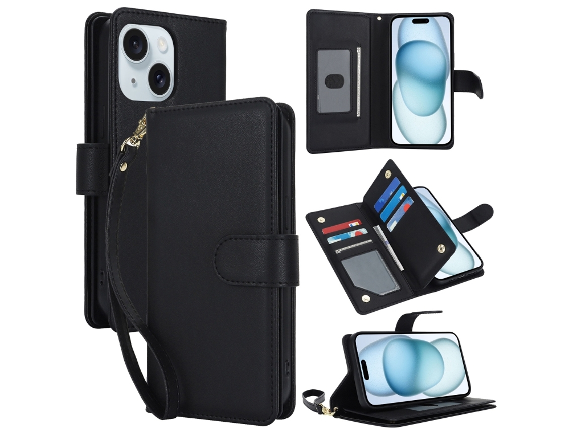 Capa Carteira De Couro Para Iphone 15 - Com Rfid - Para Vários Cartões