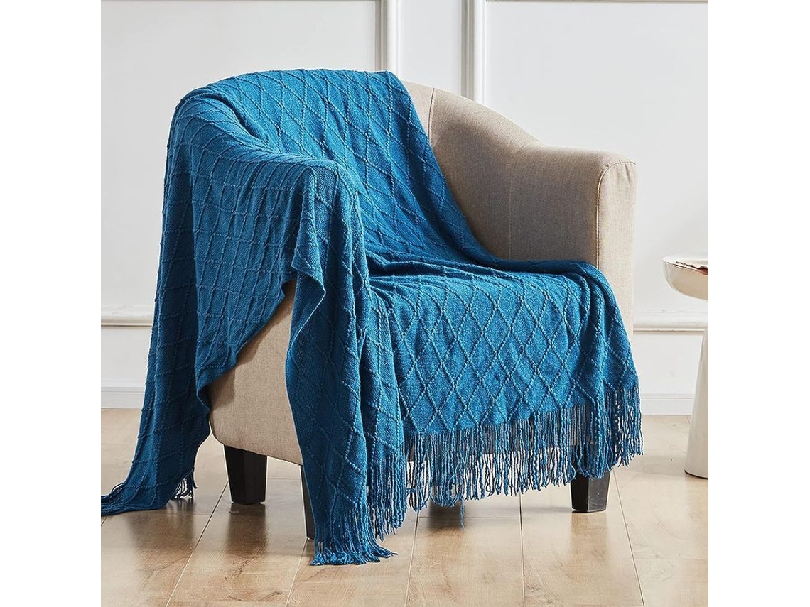 Rebe-manta Tejida Ligera Suave Com Borlas Para Sofá Cama, Manta Decorativa Cómoda De Estilo Rural Azul Marino 50"x60"