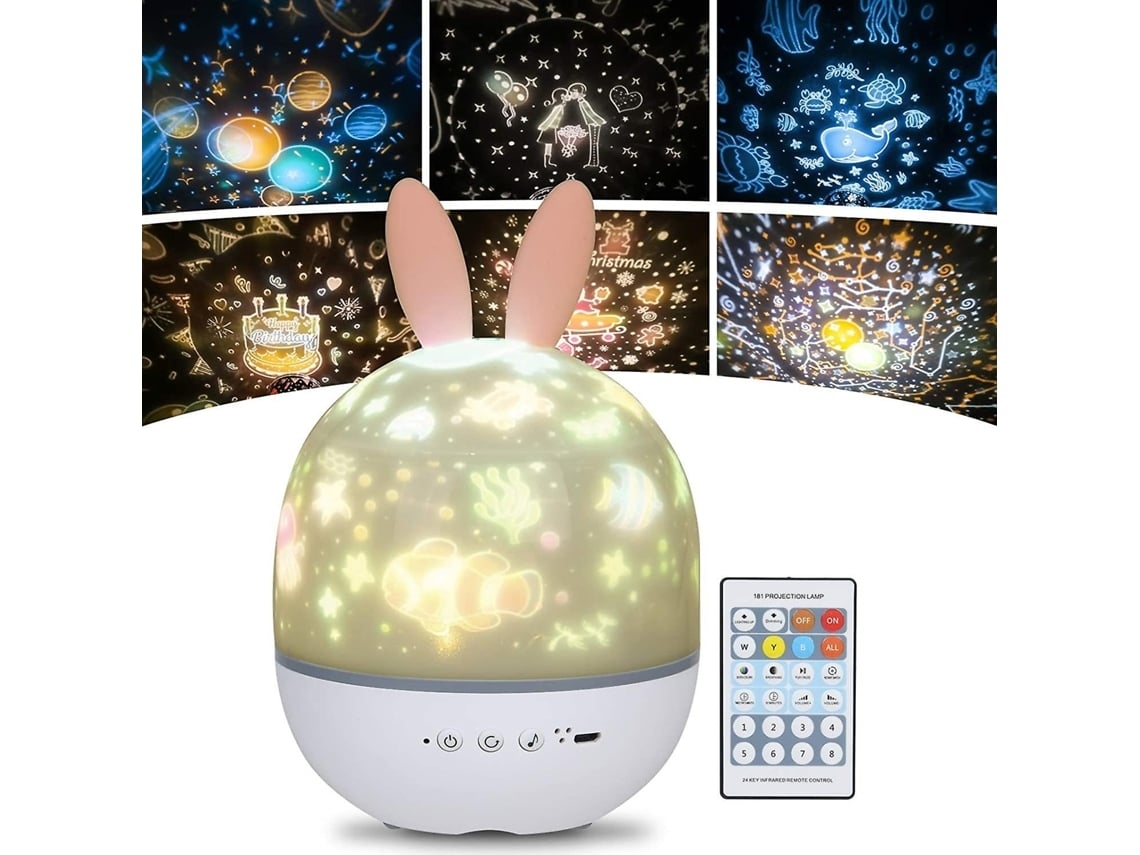 Projetor luz noturna infantil estrela rotação 360° música timer controle remoto 6 cores led rgb usb quarto STELASPLEN