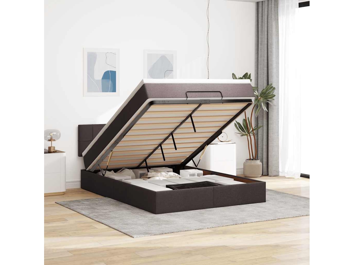Vidaxl Estrutura Cama Otomana Colchão 140x200cm Tecido Castanho Escuro