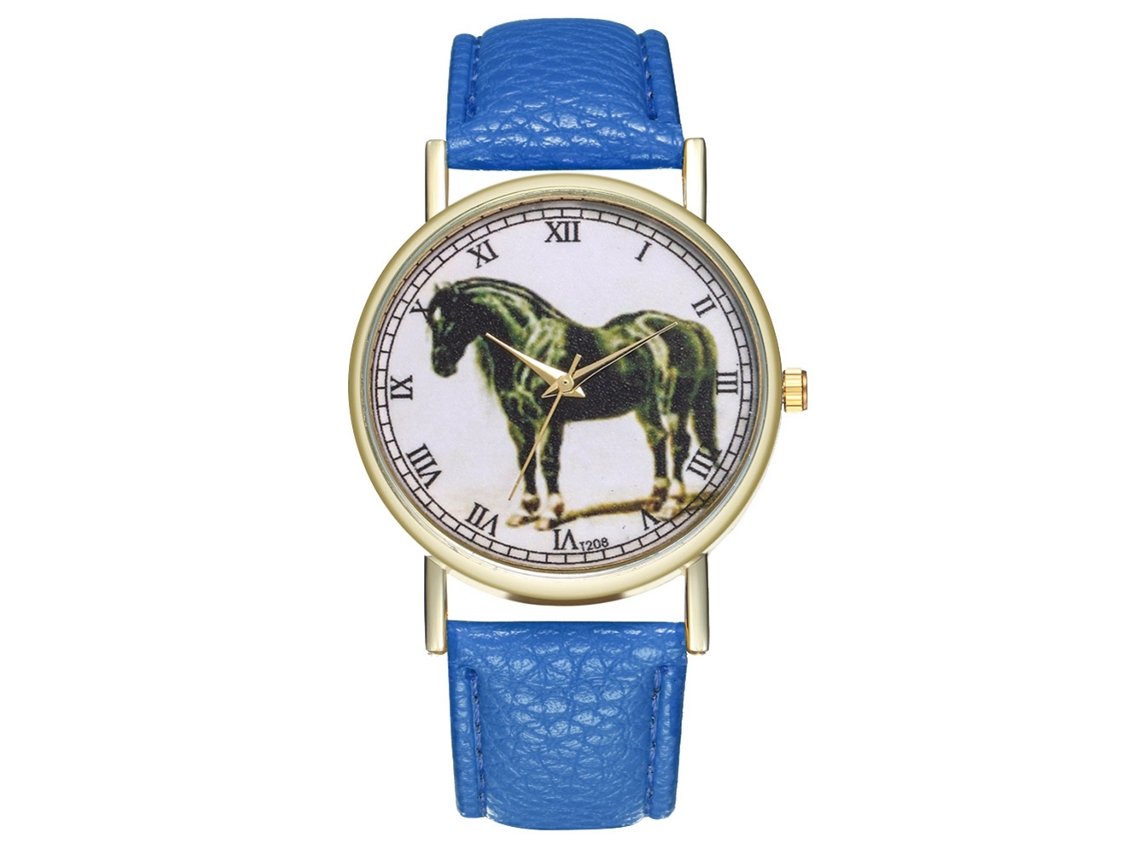 Reloj De Cuarzo Unisex Con Patrón De Caballo Negro Moda Casual Regalo Azul Real