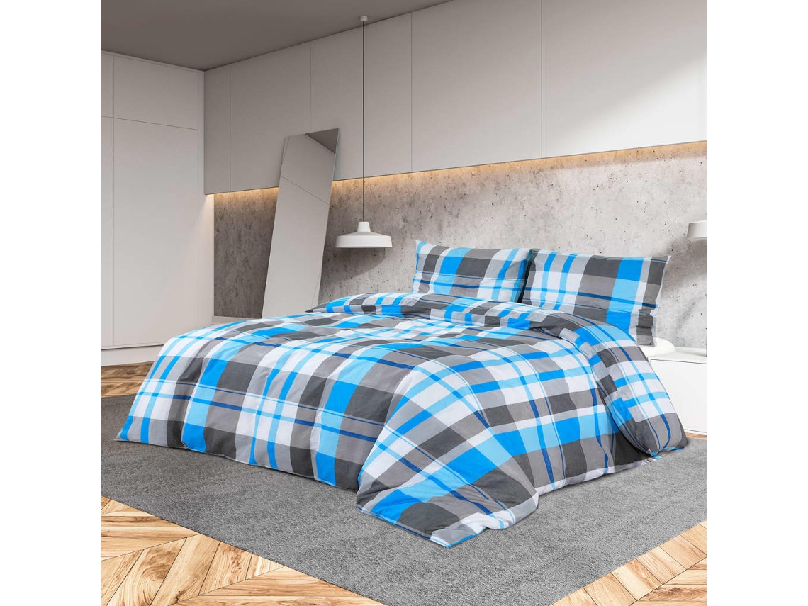 Vidaxl Conjunto De Capa De Edredão 140x200 Cm Algodão Azul E Cinza