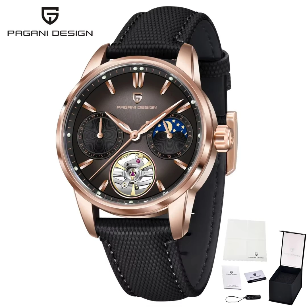 Relógio Masculino Automático Mecânico (preto) Com Pulseira De Couro Genuíno E Resistência À Água.